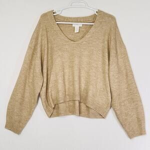 H&M Cropped Sweater Women's Small Tan V-Neck Baggy Loose Grunge Long Sleeve